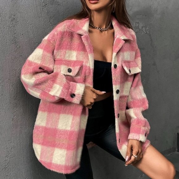 Pink Buffalo Plaid Flap Pocket Drop Shoulder Coat - Picture 5 of 6